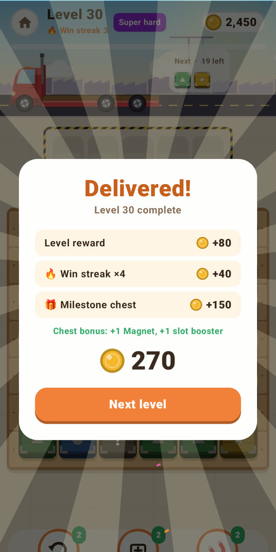 Delivered! screen with a milestone chest reward